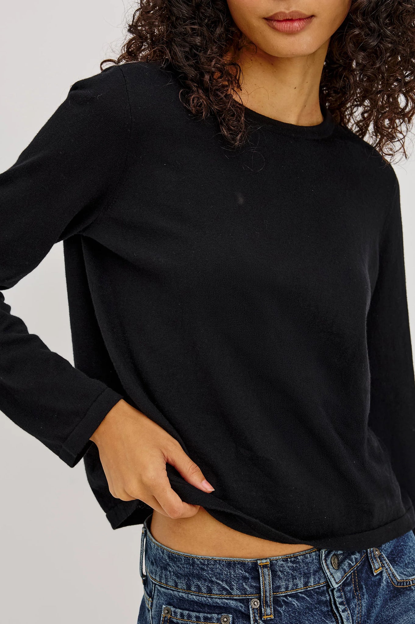 Cotton Cashmere Long Sleeve T-Shirt in Black