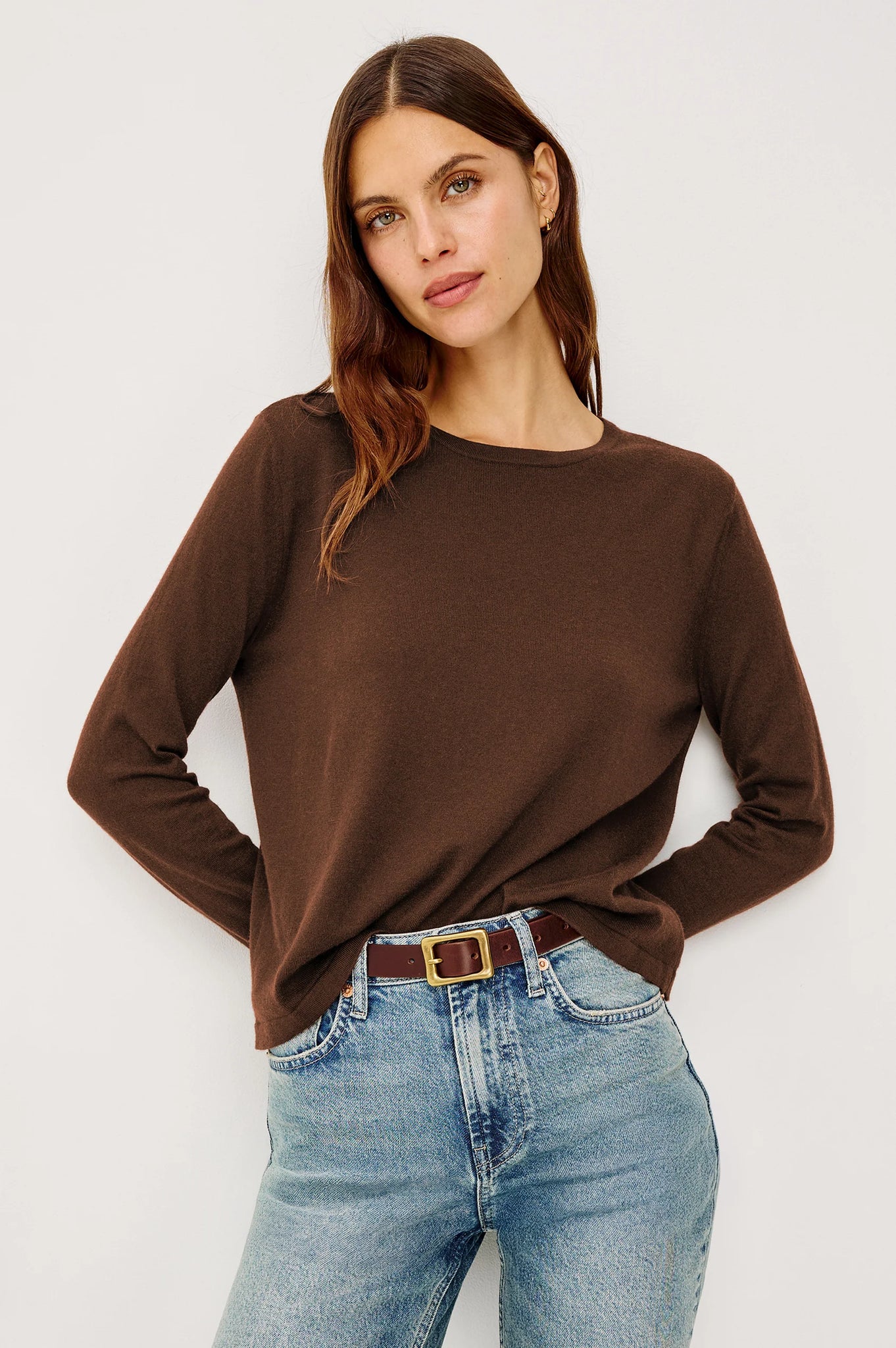 Cotton Cashmere Long Sleeve T-Shirt in Espresso