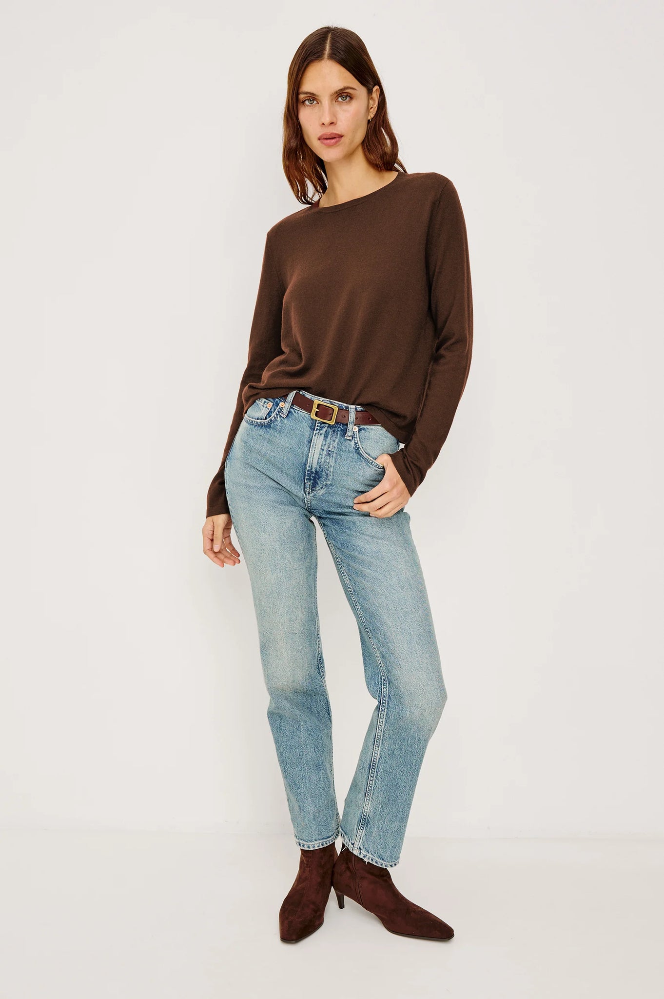Cotton Cashmere Long Sleeve T-Shirt in Espresso