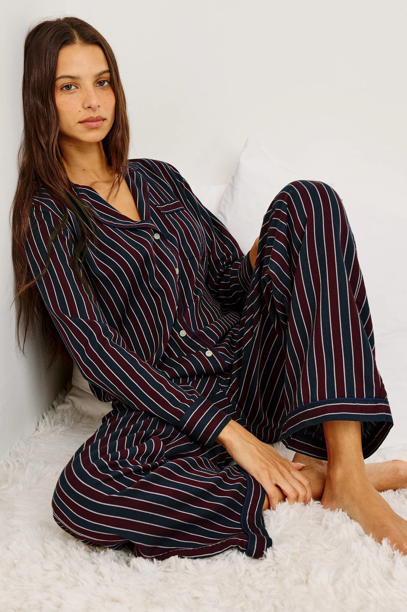 Luna Pajama Set in Navy Oxblood Stripe