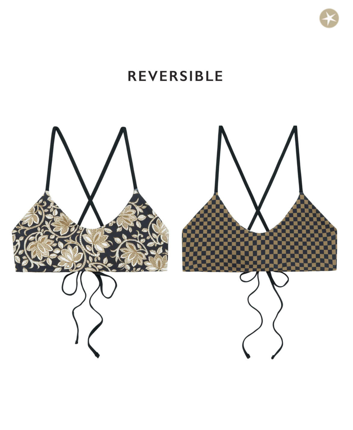 The Reversible Bralette. Black Oasis Floral & Bronze Check