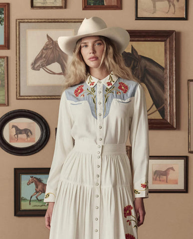 The Embroidered Western Shirt. Cream With Chambray Mix Multi Emb