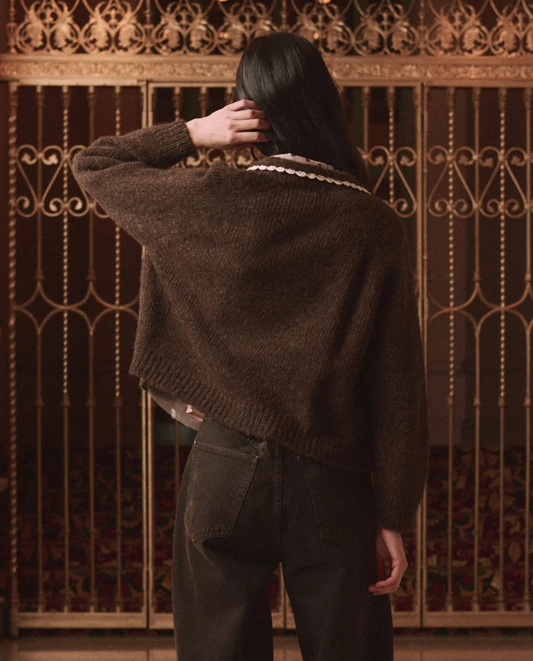 The Crochet Collar Cardigan. Chocolate Brown