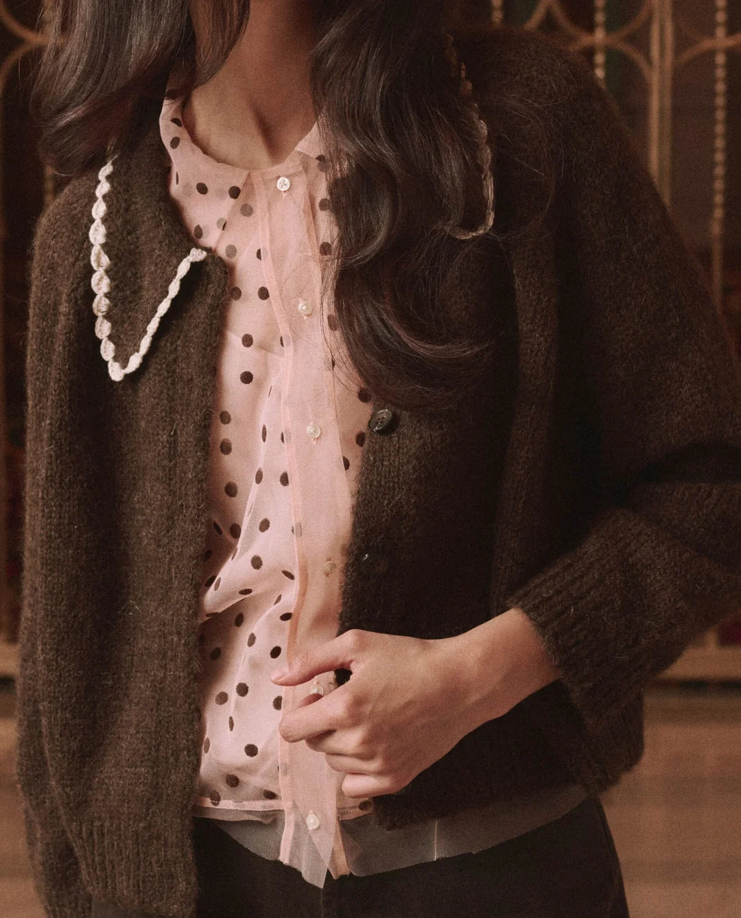 The Crochet Collar Cardigan. Chocolate Brown