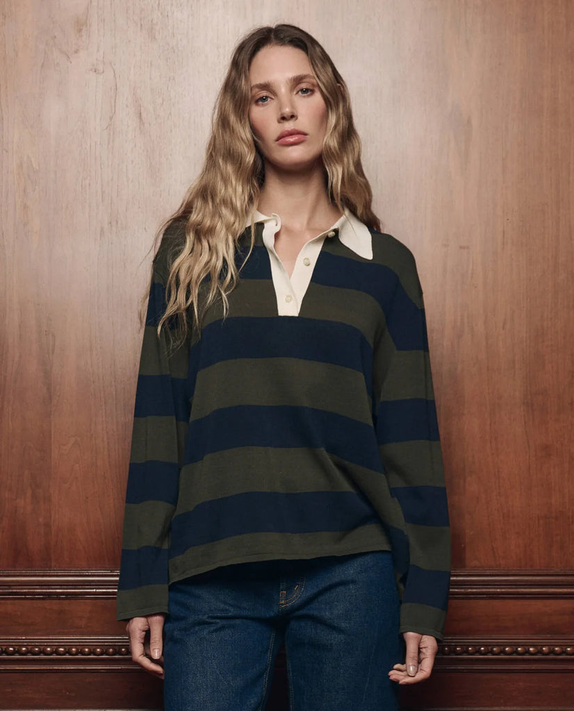 The Academy Polo Sweater. Army League Stripe