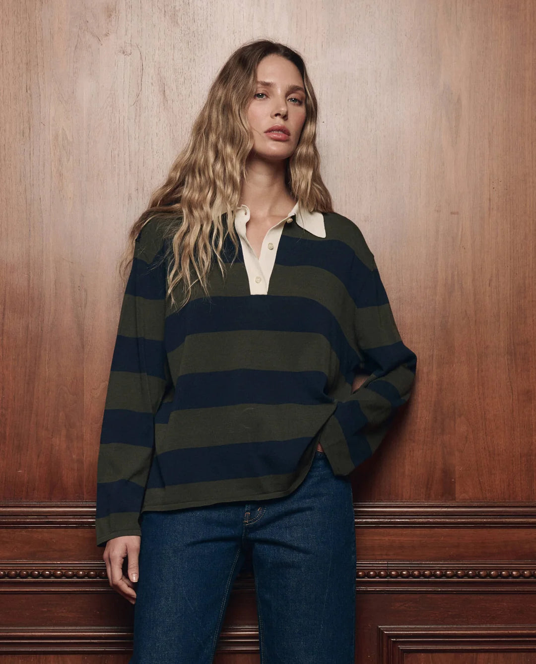 The Academy Polo Sweater. Army League Stripe