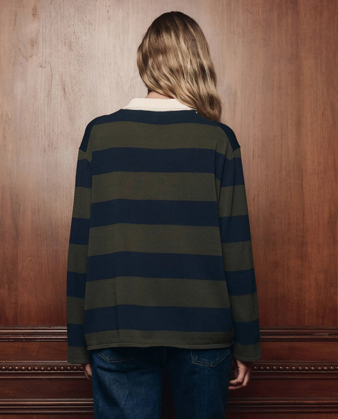 The Academy Polo Sweater. Army League Stripe