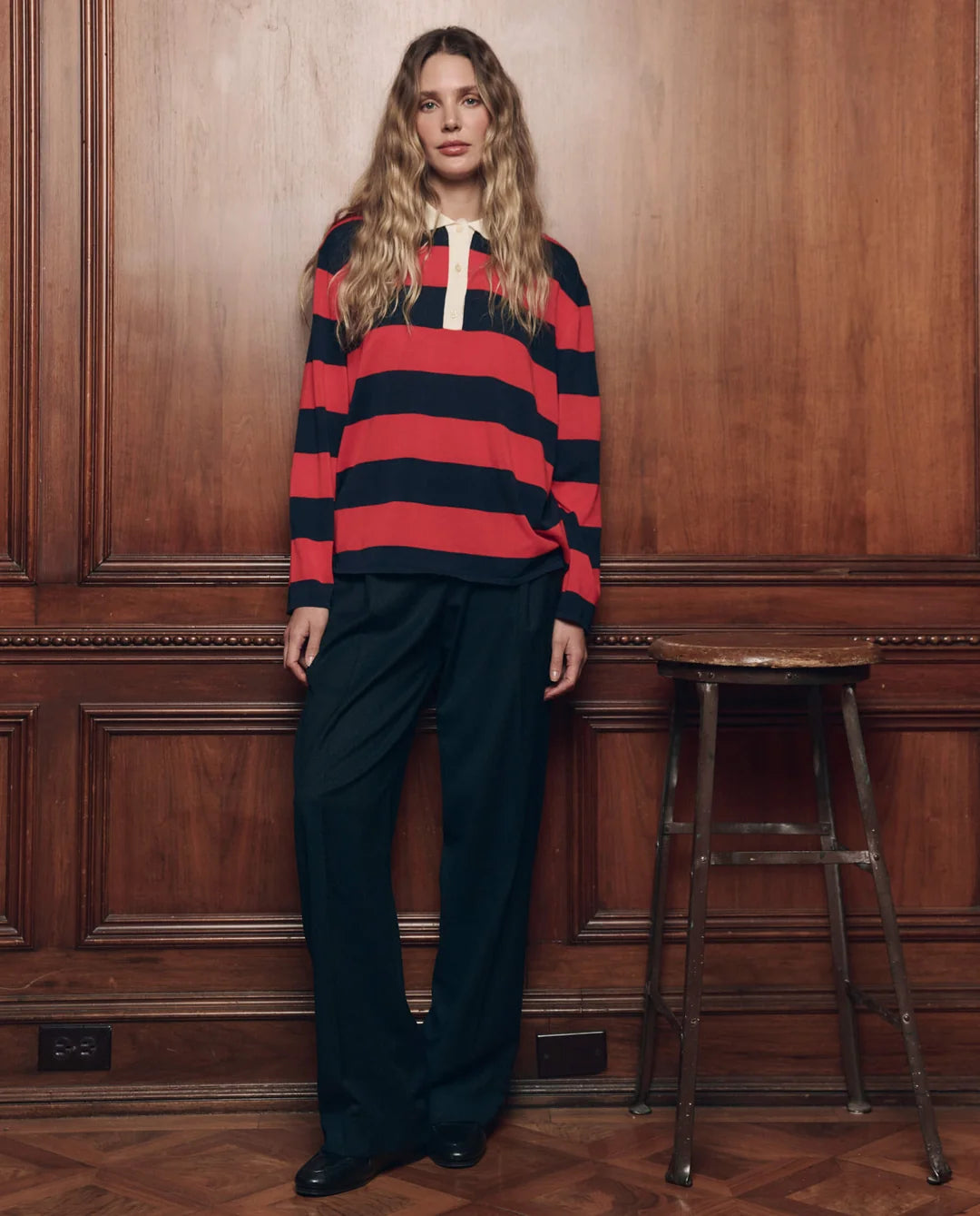 The Academy Polo Sweater. Hot Red League Stripe