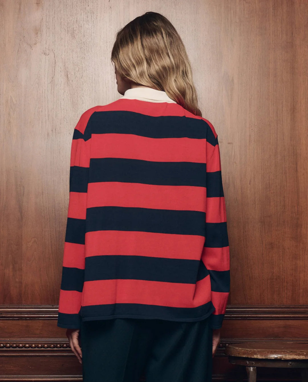 The Academy Polo Sweater. Hot Red League Stripe