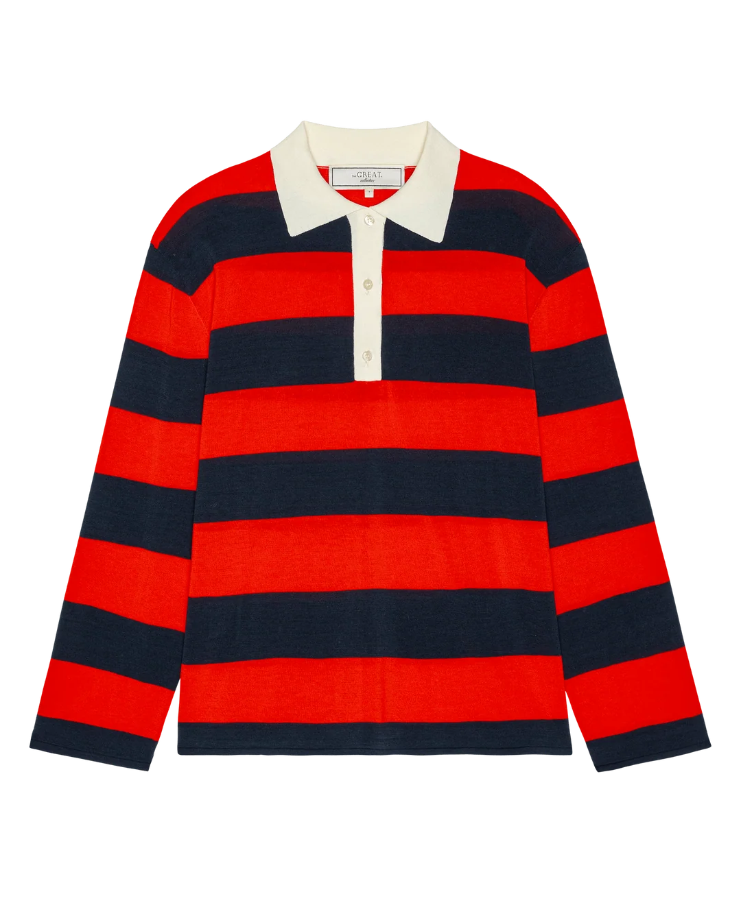 The Academy Polo Sweater. Hot Red League Stripe