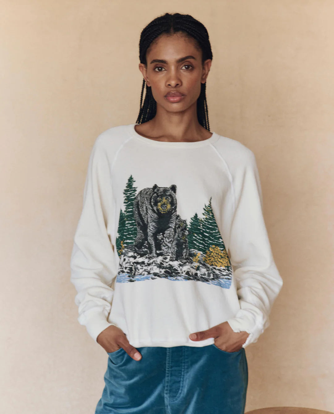 The College Sweatshirt. Washed White with Black Bear Graphic