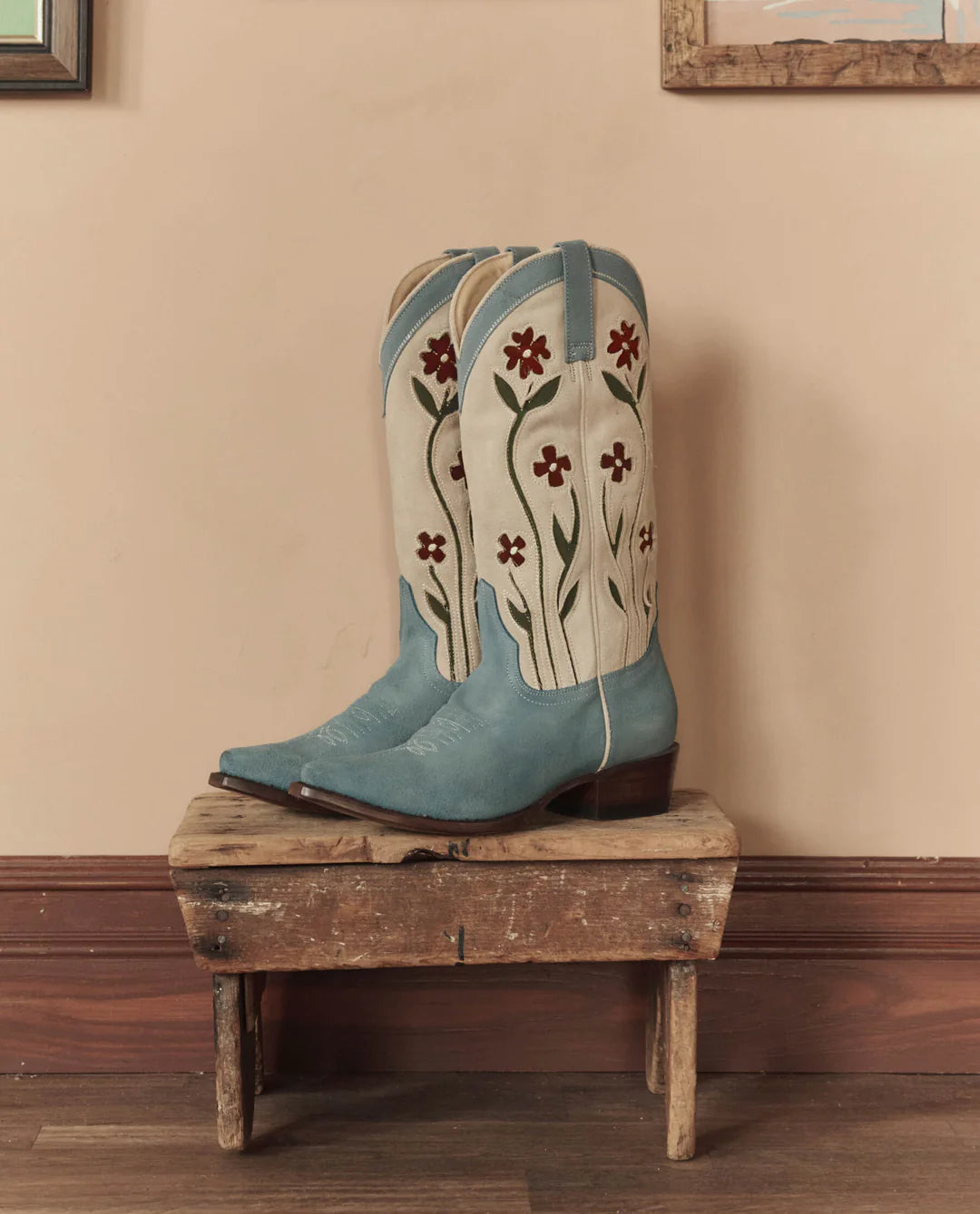 The Cowboy Boot (Suede Floral). Washed Indigo Floral