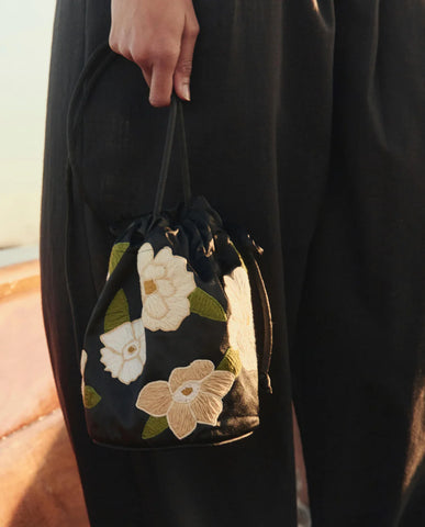 The Embroidered Cinched Bucket Bag. Black