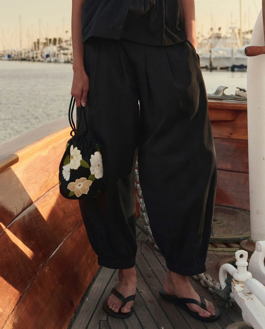 The Embroidered Cinched Bucket Bag. Black