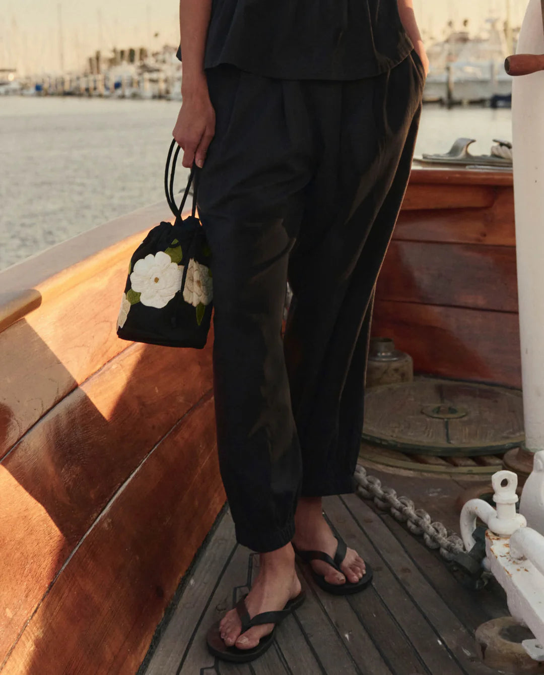 The Embroidered Cinched Bucket Bag. Black