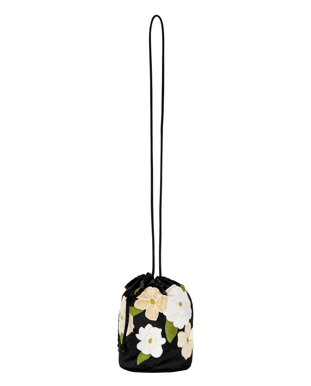 The Embroidered Cinched Bucket Bag. Black