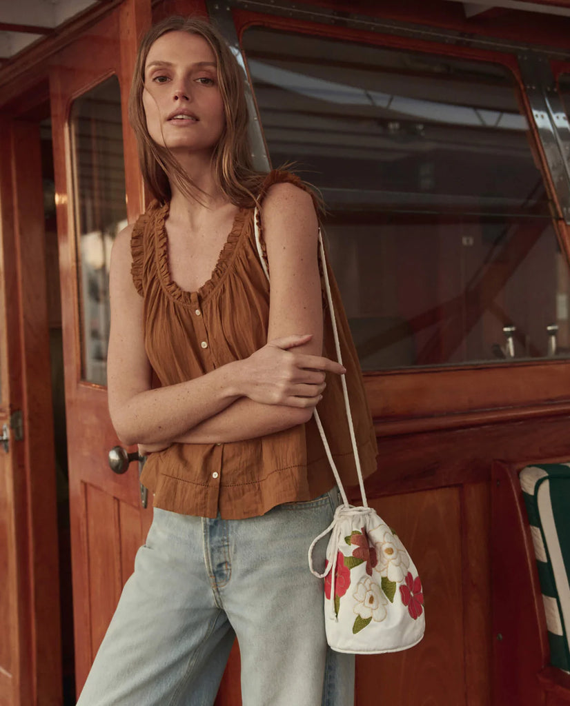 The Embroidered Cinched Bucket Bag. White