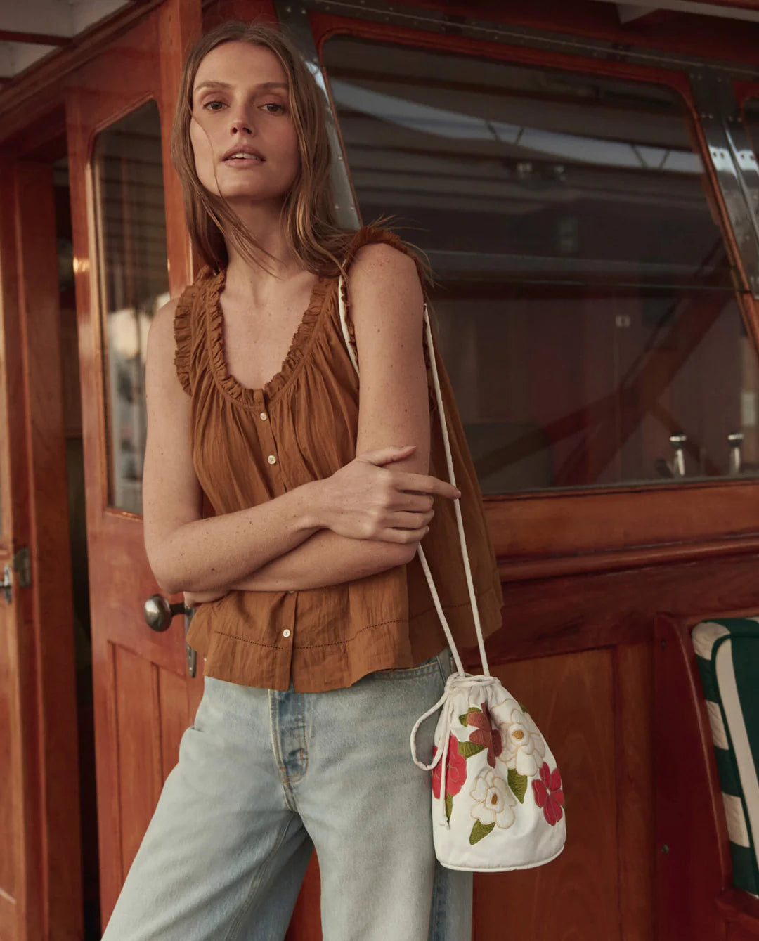 The Embroidered Cinched Bucket Bag. White