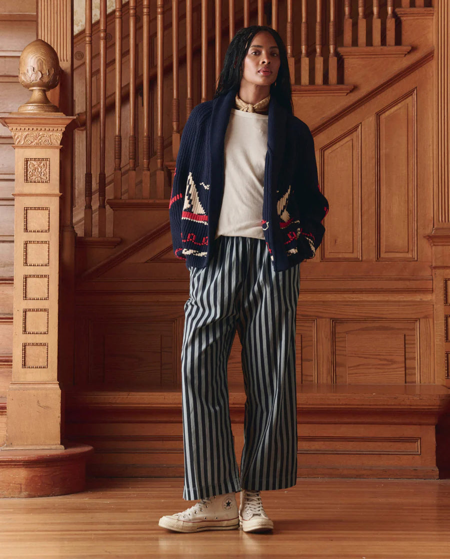The Sailboat Lodge Cardigan. Dark Navy