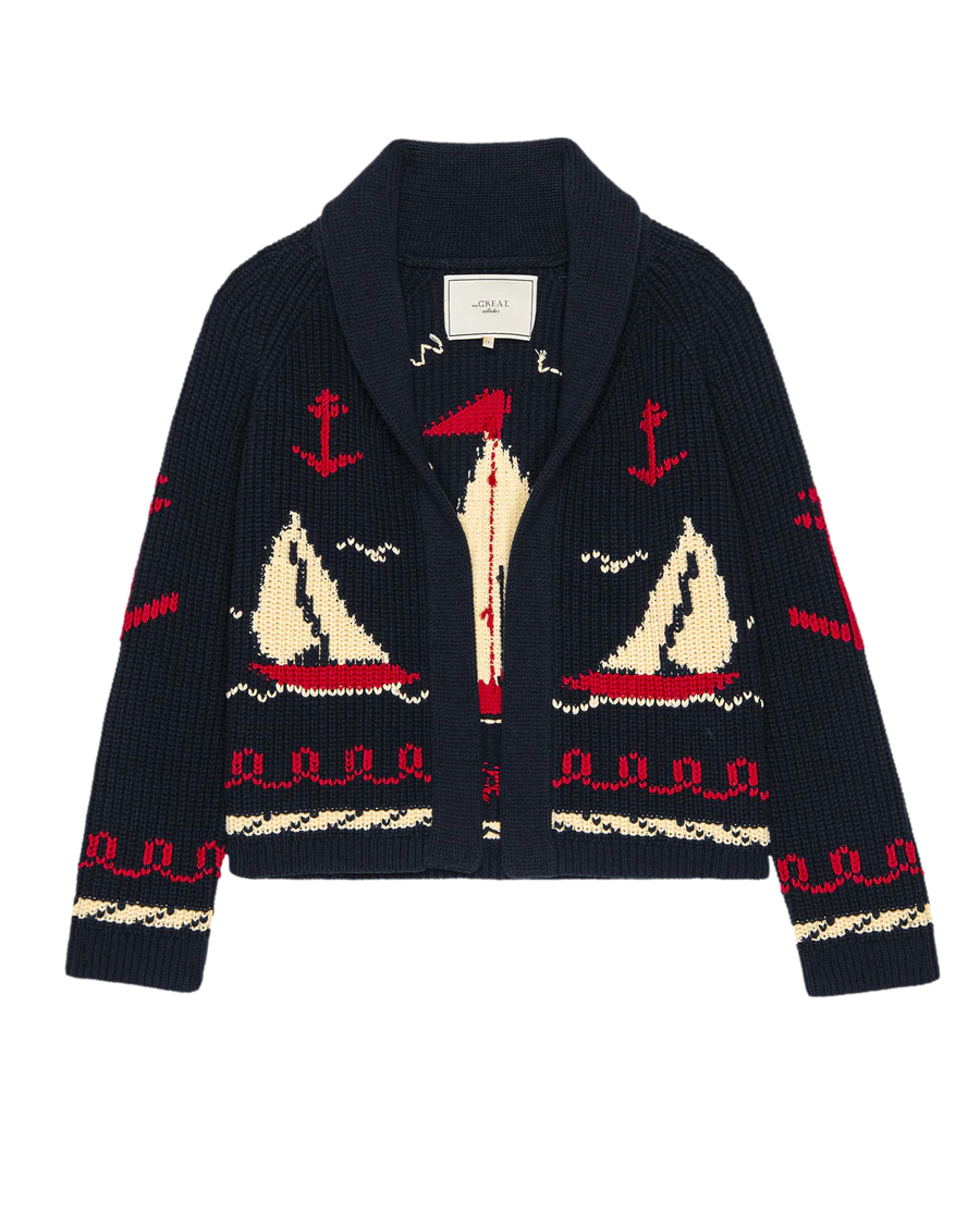 The Sailboat Lodge Cardigan. Dark Navy