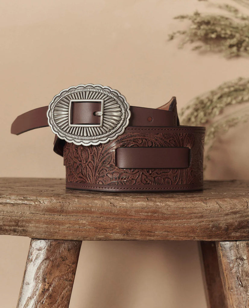 The Tooled Waist Belt. Brown with Silver