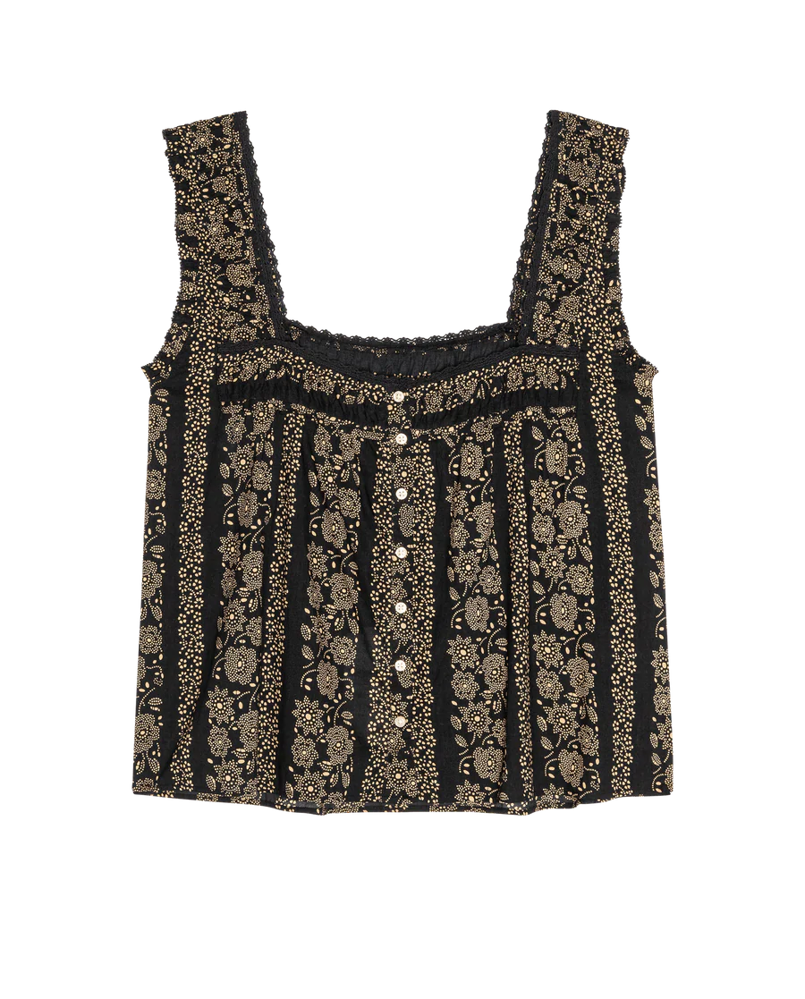 The Victorian Pleat Tank. Black and Cream Token Floral