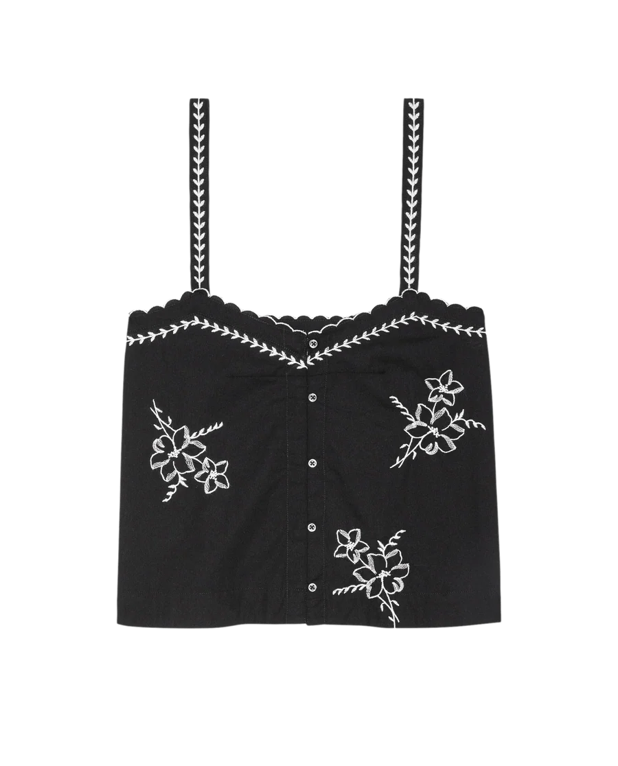 The Weekend Tank W/ Hanky Embroidery. Black