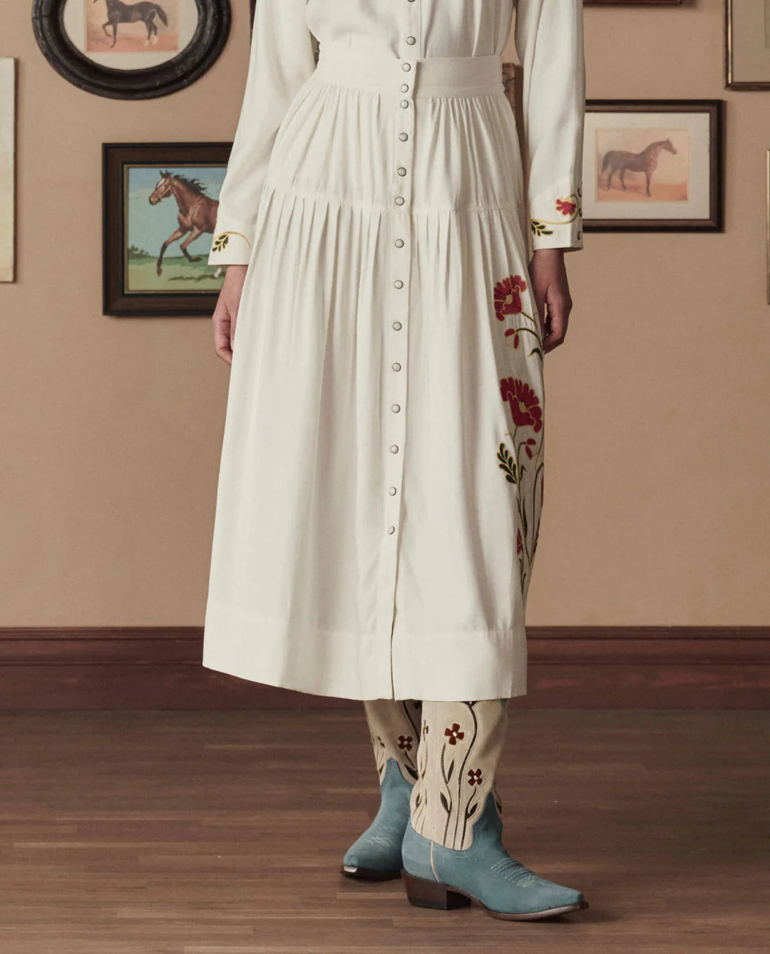 The Western Embroidered Highland Skirt. Cream with Chambray Mix Multi Emb