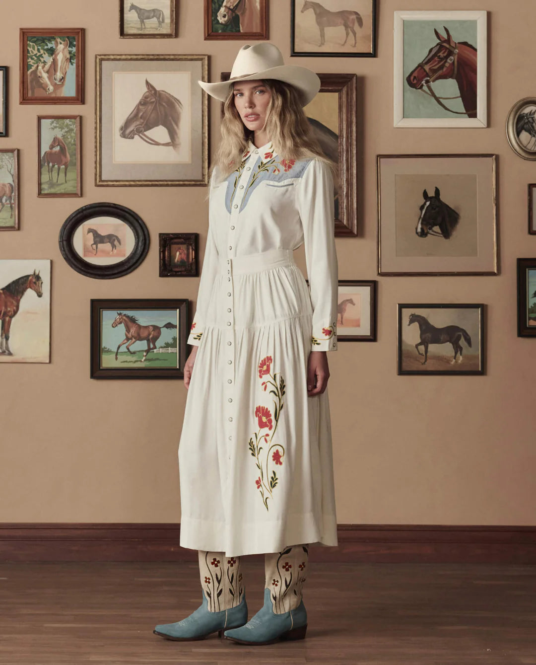 The Western Embroidered Highland Skirt. Cream with Chambray Mix Multi Emb