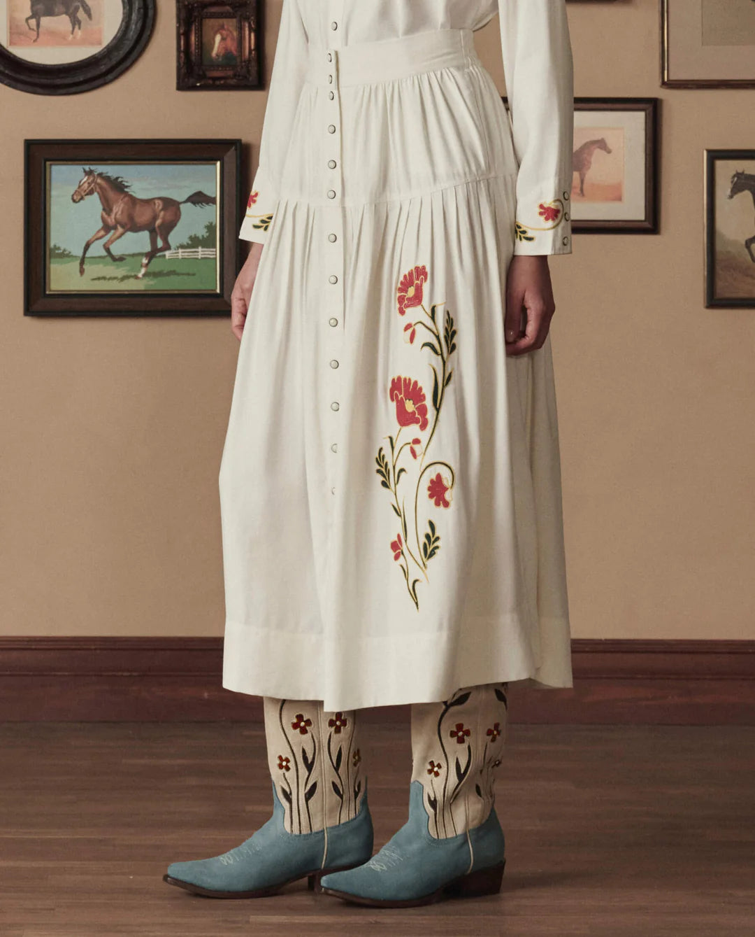 The Western Embroidered Highland Skirt. Cream with Chambray Mix Multi Emb