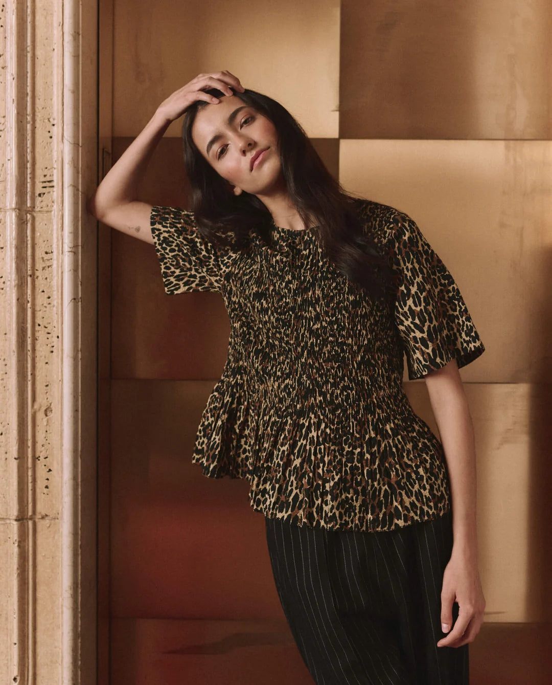 The Smocked Flounce Top. Tan Leopard