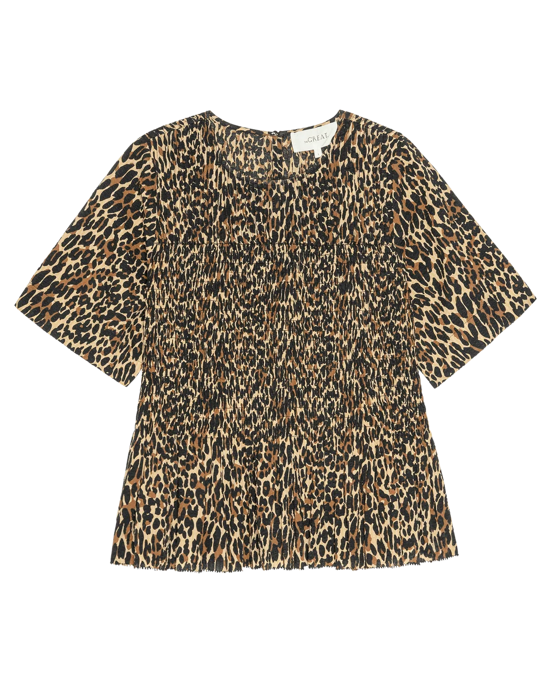 The Smocked Flounce Top. Tan Leopard