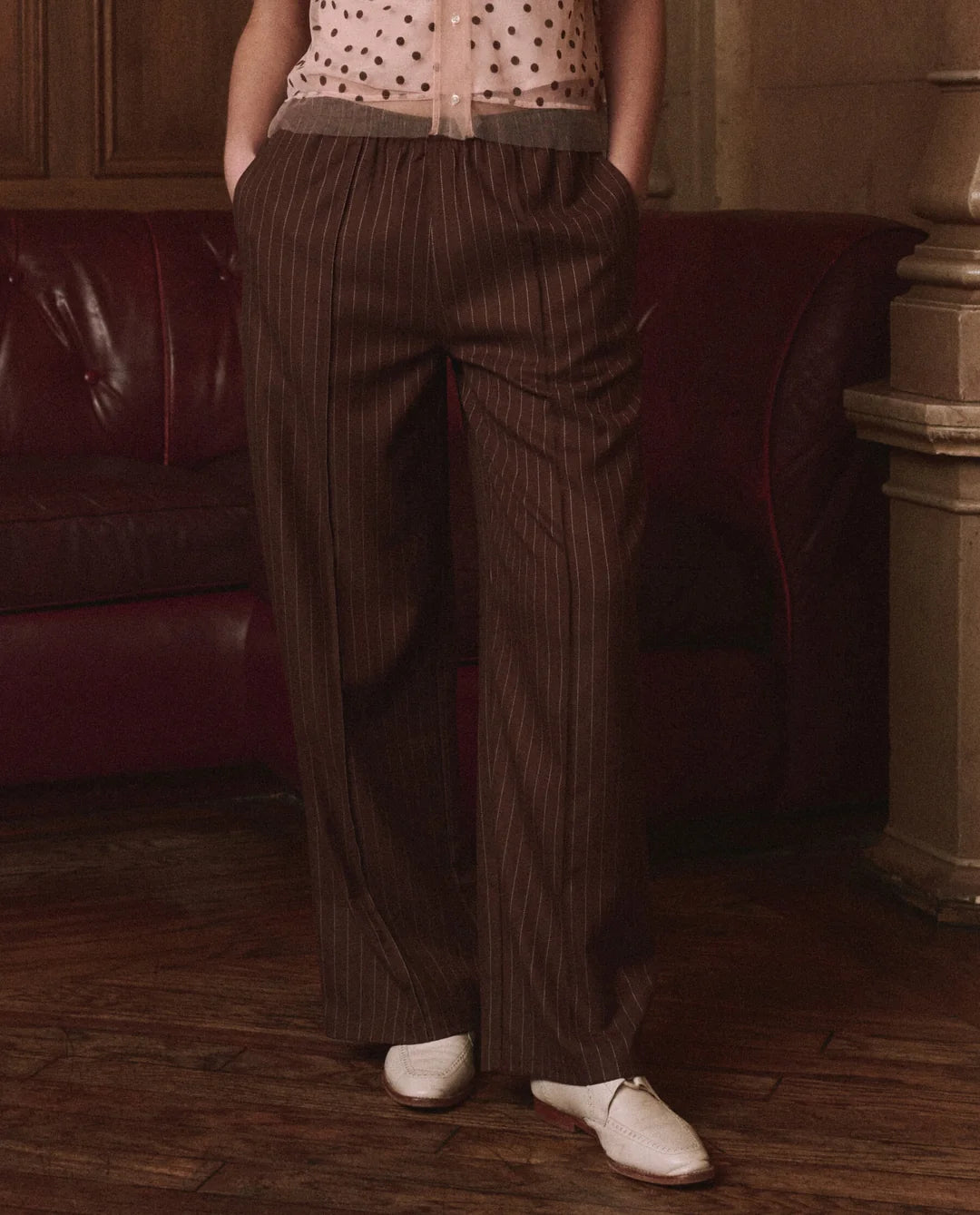 The Tracksuit Pintuck Pant. Chocolate/Cream Pinstripe