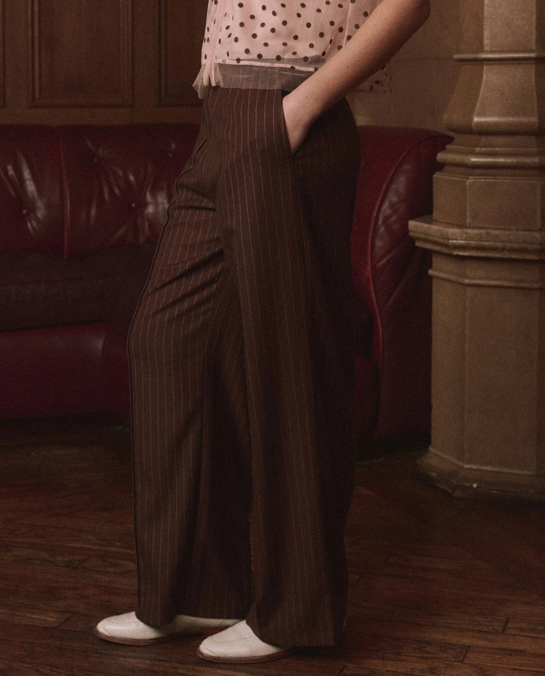 The Tracksuit Pintuck Pant. Chocolate/Cream Pinstripe
