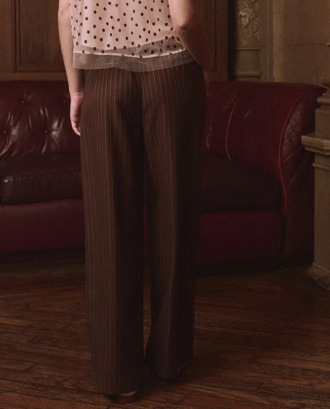 The Tracksuit Pintuck Pant. Chocolate/Cream Pinstripe