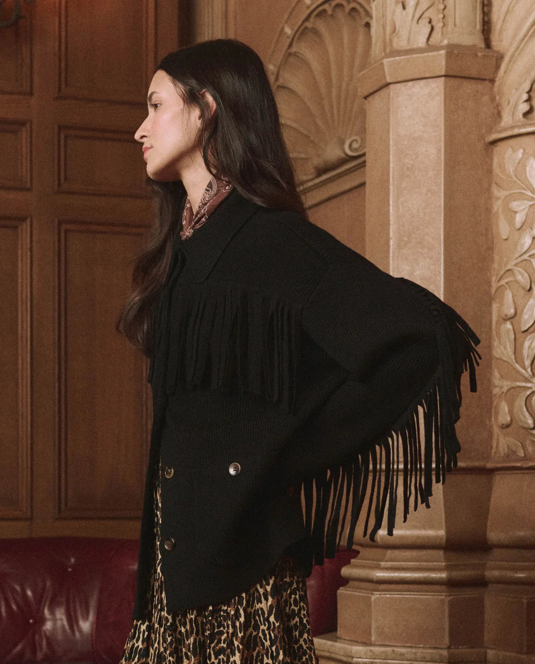 The Western Fringe Sweater Jacket. Black