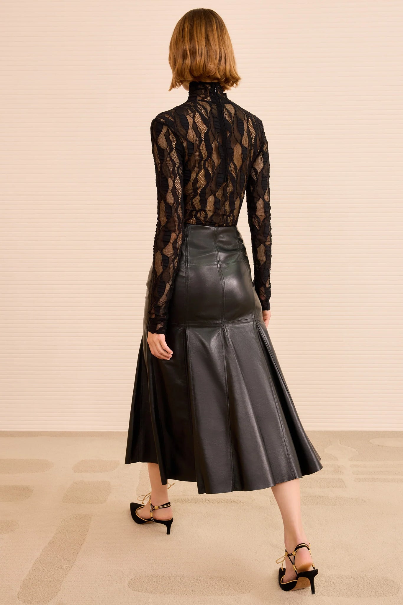 Noemi Fit and Flare Leather Skirt in Black