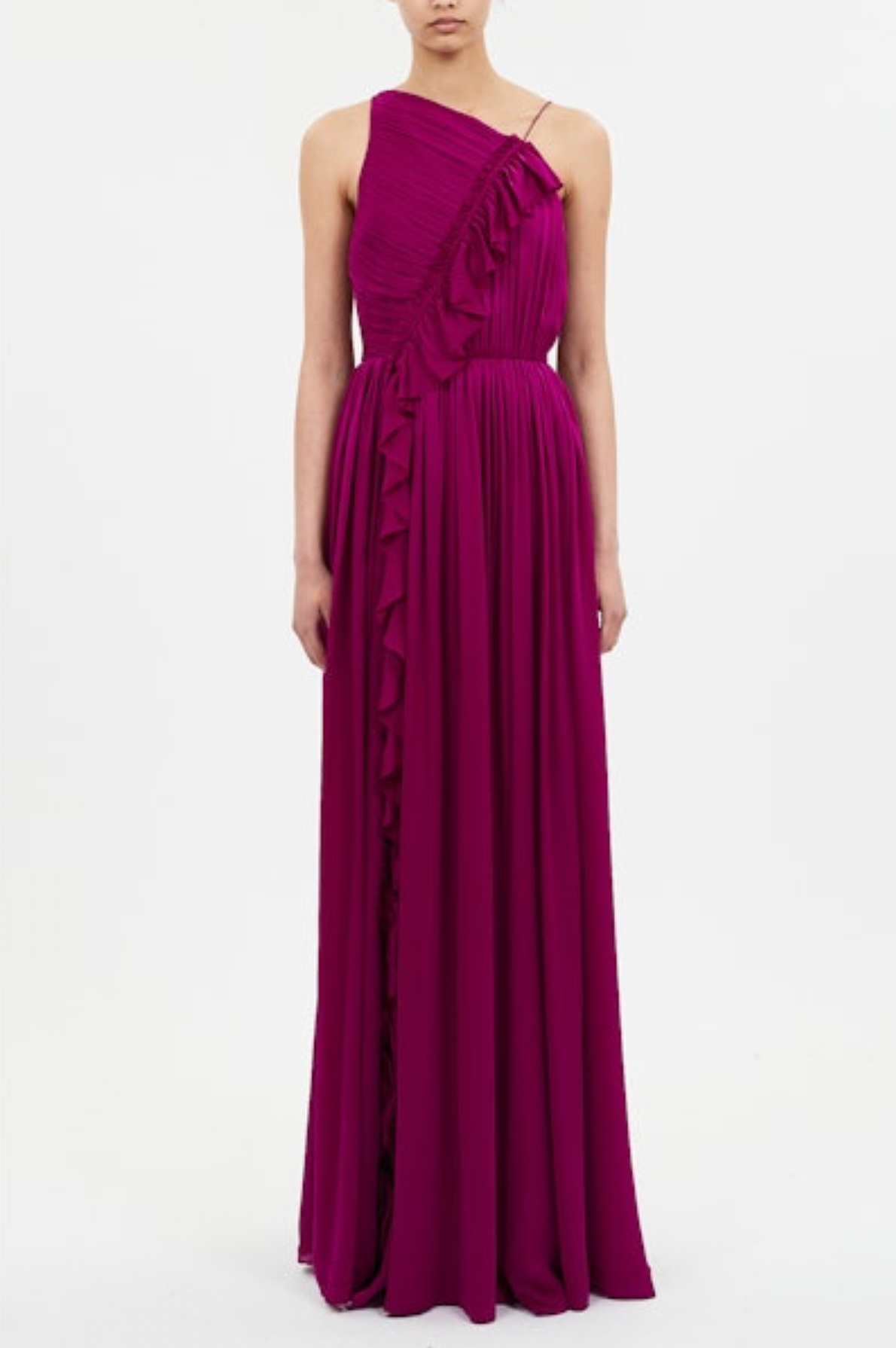 Aisha Pleated Asymmetrical Gown in Mulberry