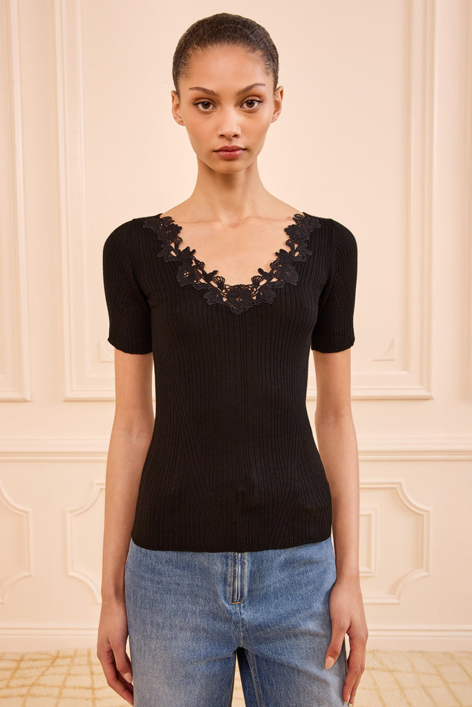Celeste Knit Top with Lace in Noir