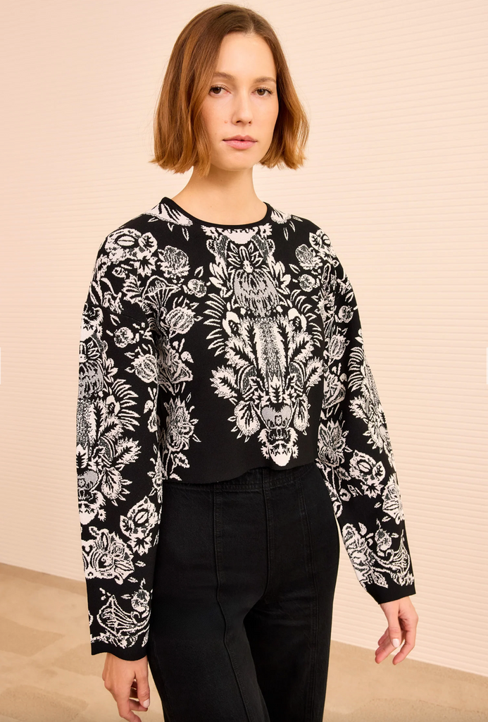 Elisa Long Sleeve Jacquard Pullover in Noir