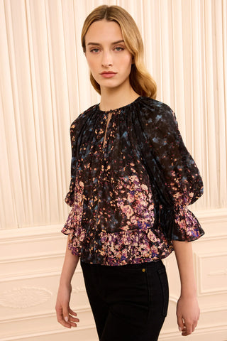 Elise Short Sleeve Silk Blouse in Eclipse