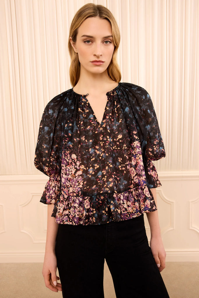 Elise Short Sleeve Silk Blouse in Eclipse