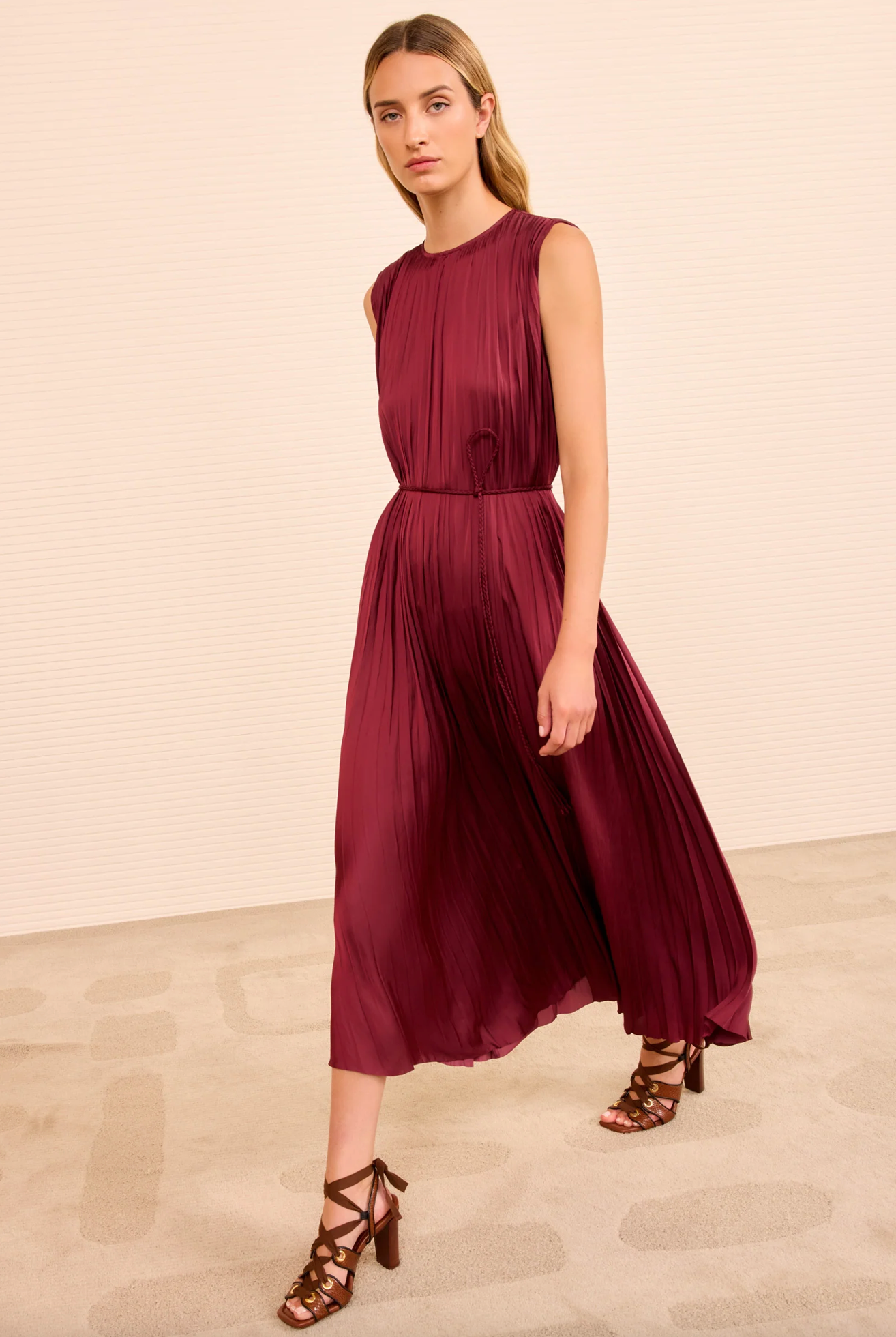 Fianna Pleated Midi Dress in Claret