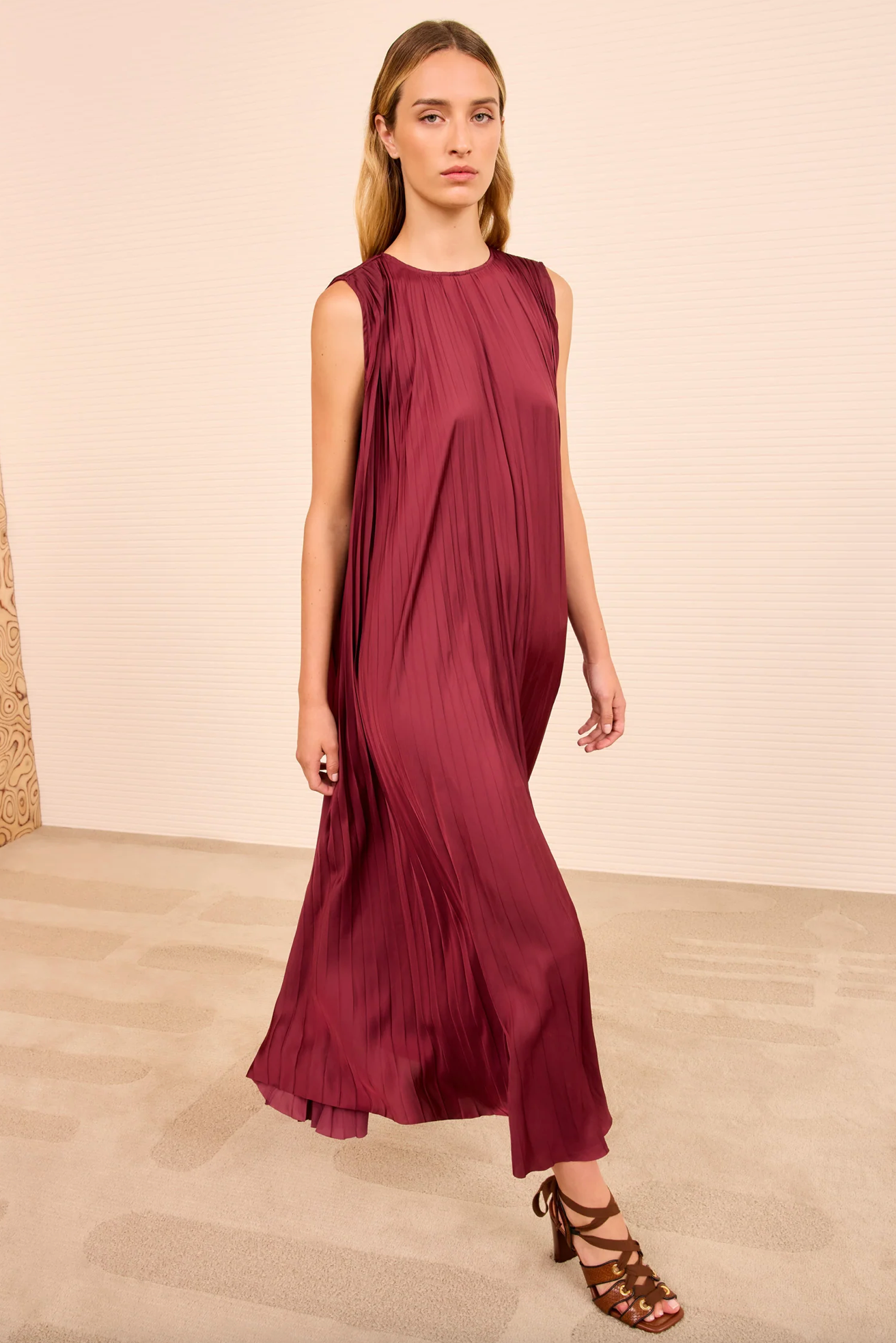 Fianna Pleated Midi Dress in Claret