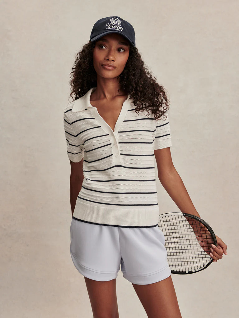 Wren Knit Polo in White/Blue Nights