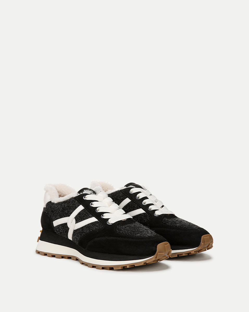 Valentina Shearling Sneaker in Black Suede and Boiled Wool