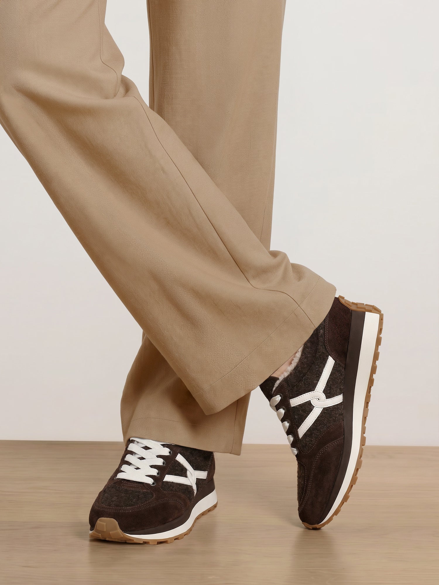 Valentina Shearling Sneaker in Dark Brown Suede and Boiled Wool