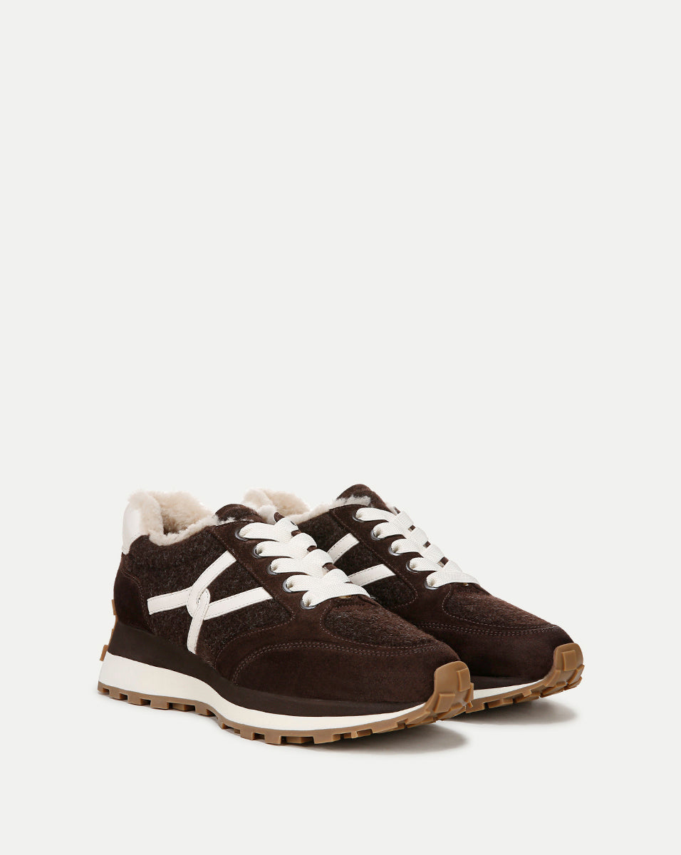 Valentina Shearling Sneaker in Dark Brown Suede and Boiled Wool