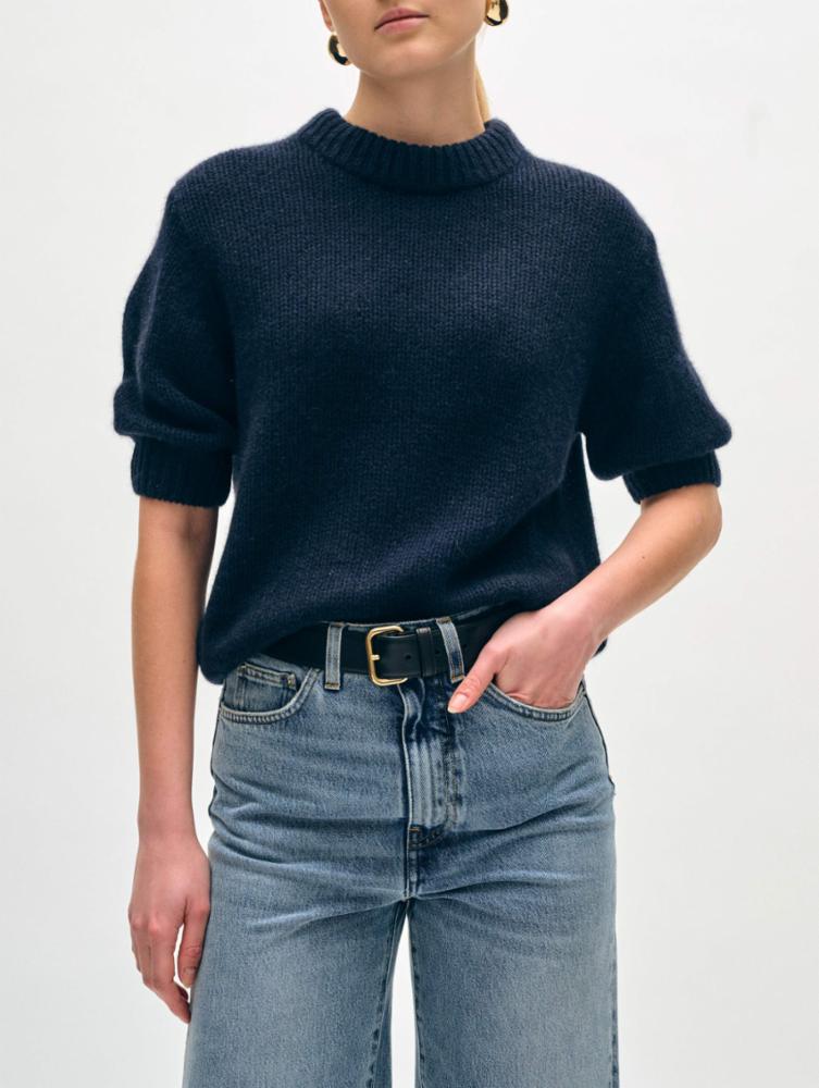 Cashmere Puff Sleeve Crewneck in Deep Navy