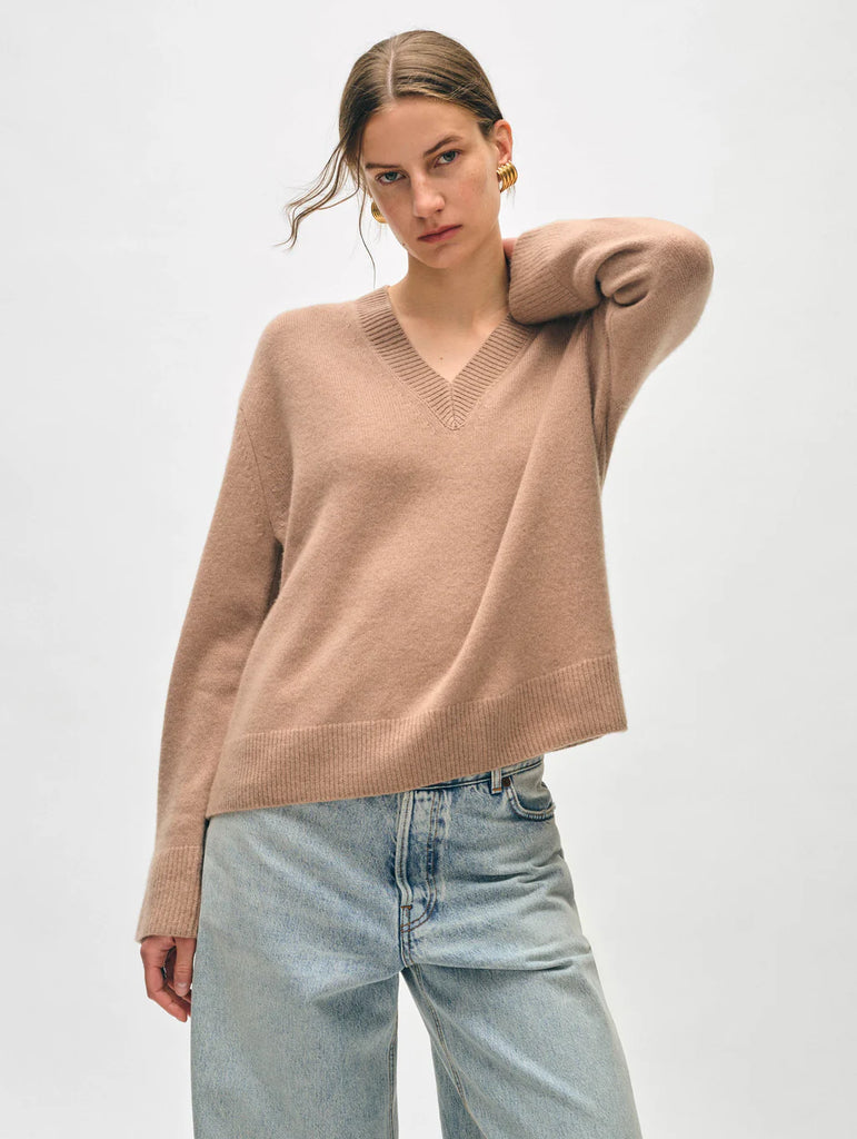 Cashmere Rib Trim V-Neck in True Camel